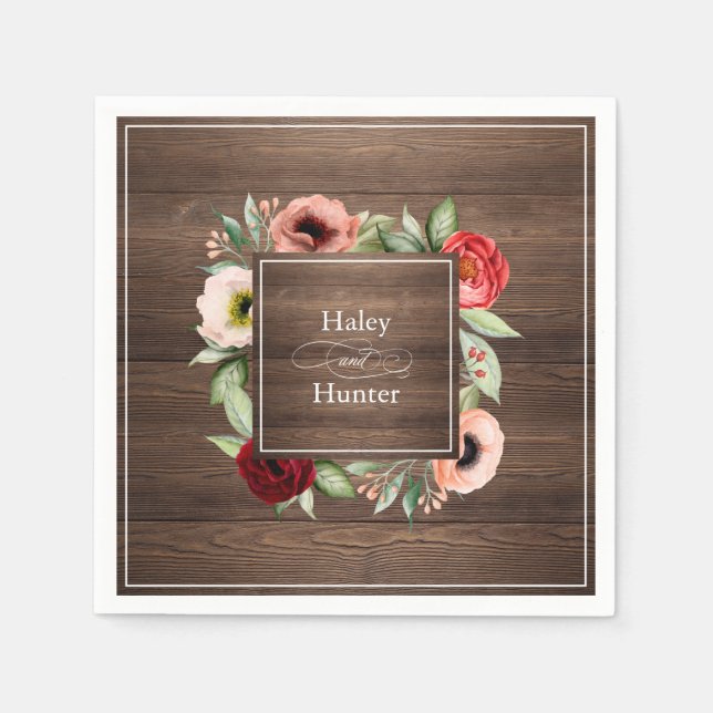 Rustic Barn Wood Floral Wedding with Names Napkin (Front)