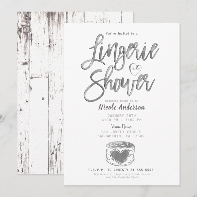 Rustic Barn Wood Glam Silver Lingerie Shower  Invitation (Front/Back)
