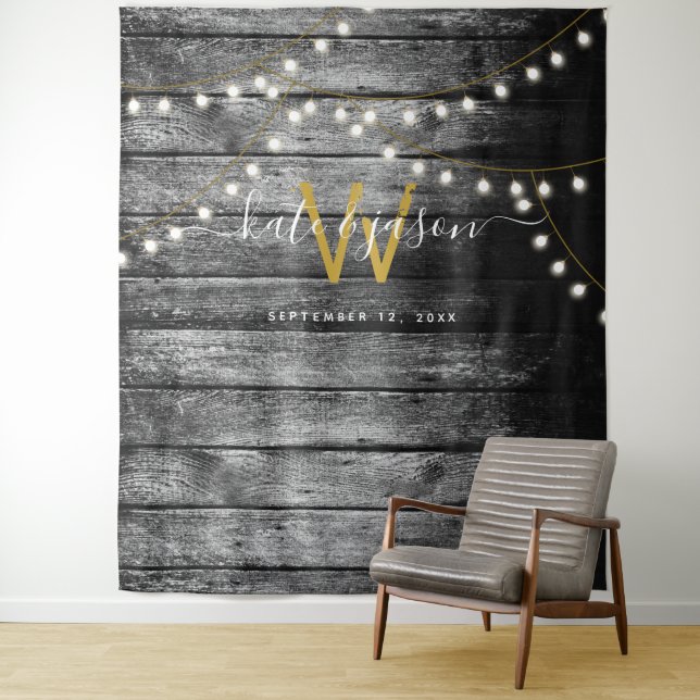 Rustic Barn Wood Gold  Lights Wedding Backdrop Tapestry (In Situ)