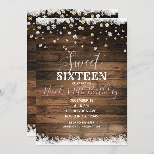 Rustic Barn Wood Gold Silver Winter Sweet 16 Party Invitation (Front/Back)