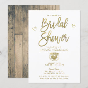 Rustic Barn Wood Gold & White Chic Bridal Shower  Invitation