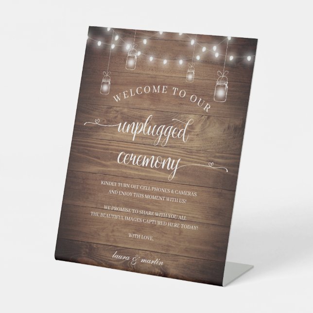 Rustic Barn Wood Heart Script Unplugged Ceremony Pedestal Sign (Front)