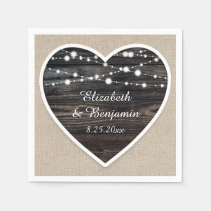 Rustic Barn Wood Heart String Lights Wedding Napkin
