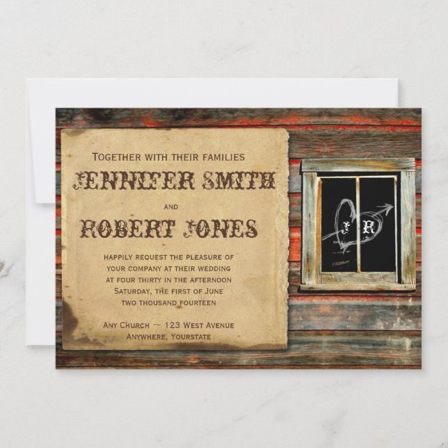 Rustic Barn Wood Heart Window Wedding Invitation (Front)