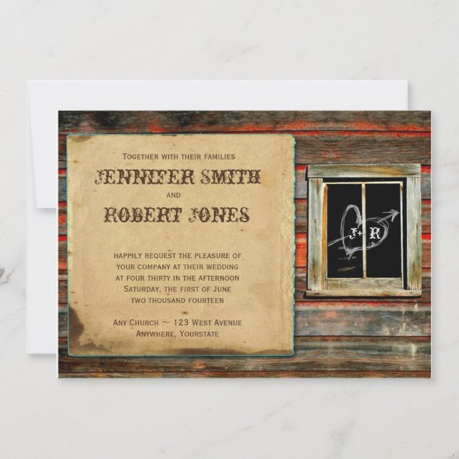 Rustic Barn Wood Heart Window Wedding Invitation (Front)