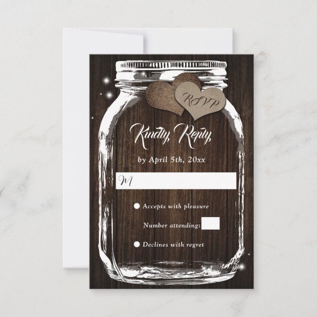 Rustic Barn Wood Hearts Mason Jar Wedding RSVP (Front)