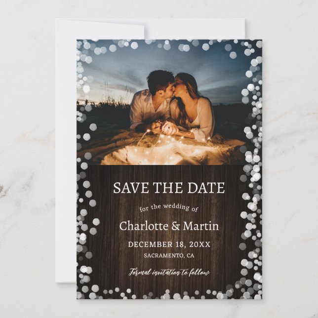 Rustic Barn Wood Lace Burlap Hearts Wedding Photo Save The Date (Front)