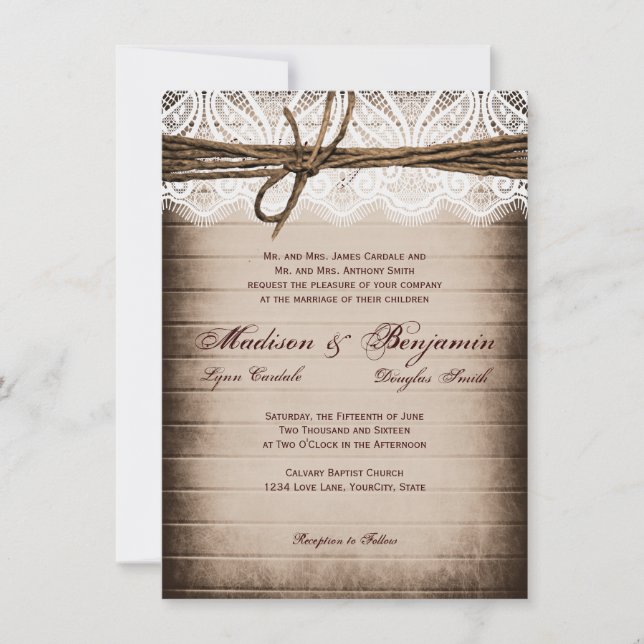 Rustic Barn Wood Lace Country Wedding Invitations (Front)