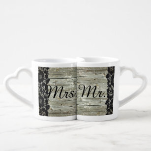 rustic barn wood  lace country wedding mr and mrs coffee mug set