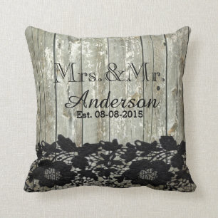 rustic barn wood  lace country wedding mr and mrs throw pillow
