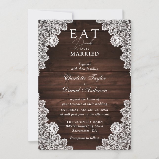 Rustic Barn Wood Lace Eat Drink and Be Married Invitation (Front)