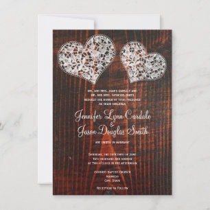 Rustic Barn Wood Lace Hearts Wedding Invitations
