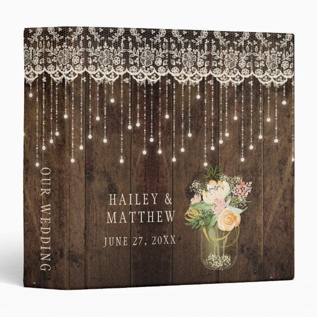 Rustic Barn Wood Lace Mason Jar Lights Wedding Binder (Front/Spine)