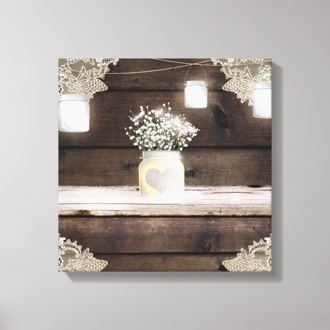 Rustic Barn Wood Lace Mason Jars & Baby's Breath  Canvas Print (Front)