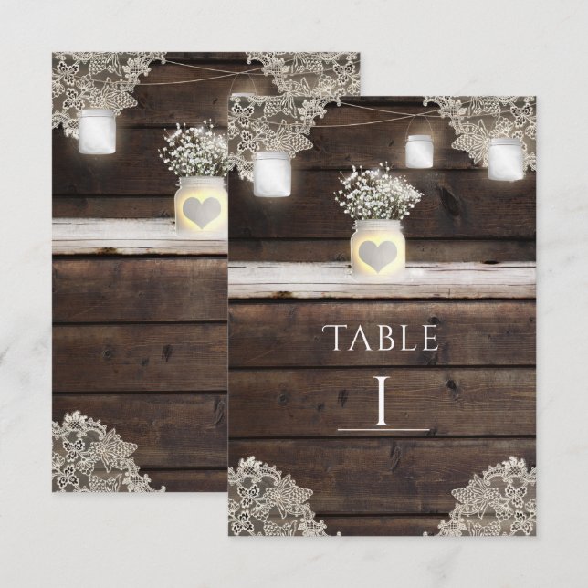 Rustic Barn Wood, Lace & Mason Jars Table Number (Front/Back)