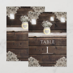 Rustic Barn Wood, Lace & Mason Jars Table Number
