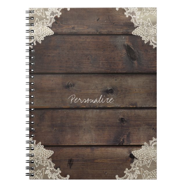 Rustic Barn Wood & Lace Romantic Elegant Custom Notebook (Front)