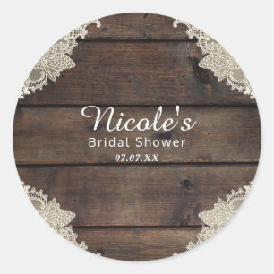 Rustic Barn Wood & Lace Romantic Elegant Favour Classic Round Sticker