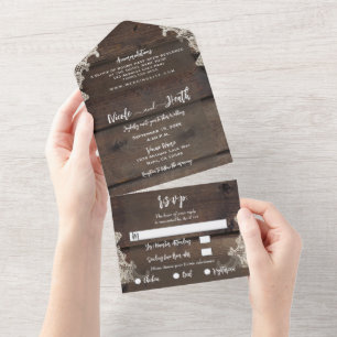 Rustic Barn Wood & Lace Romantic Elegant Wedding   All In One Invitation