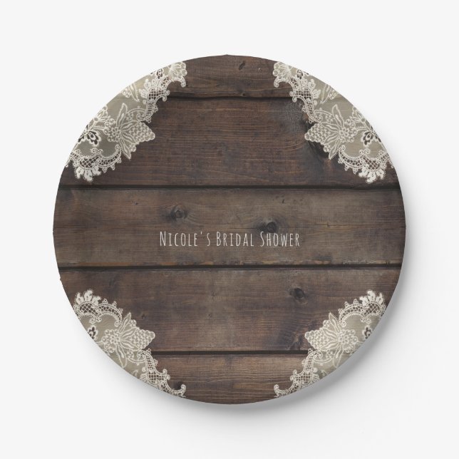 Rustic Barn Wood & Lace Romantic Wedding Reception Paper Plate (Front)
