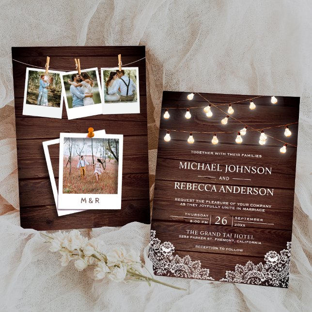 Rustic Barn Wood Lace String Lights Photo Wedding Invitation (Creator Uploaded)