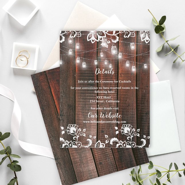 Rustic Barn Wood Lace String Lights Wedding Detail Enclosure Card (Rustic Wood String Lights Wedding Details Card | Barn Lace Wood Information Enclosure)