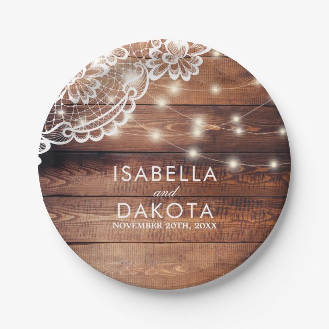 Rustic Barn Wood Lace & String Lights Wedding Paper Plate (Front)