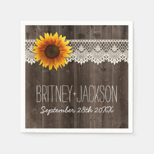 Rustic Barn Wood Lace Sunflower Wedding Napkins