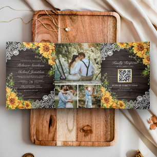 Rustic Barn Wood Lace Sunflowers QR Code Wedding Tri-Fold Invitation