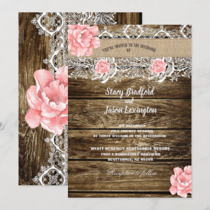Rustic Barn Wood & Lace Wedding Invitation