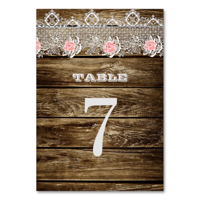 Rustic Barn Wood & Lace Wedding Table Number Card (Front)