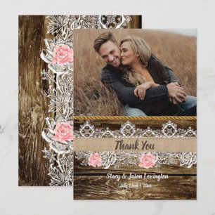 Rustic Barn Wood & Lace Wedding Thank You Card