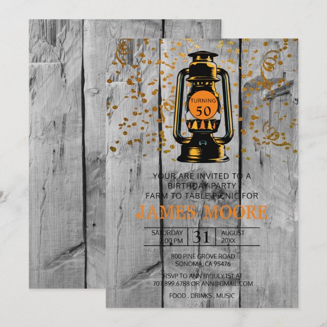 Rustic Barn Wood & Lantern 50th Birthday Party Invitation (Front/Back)