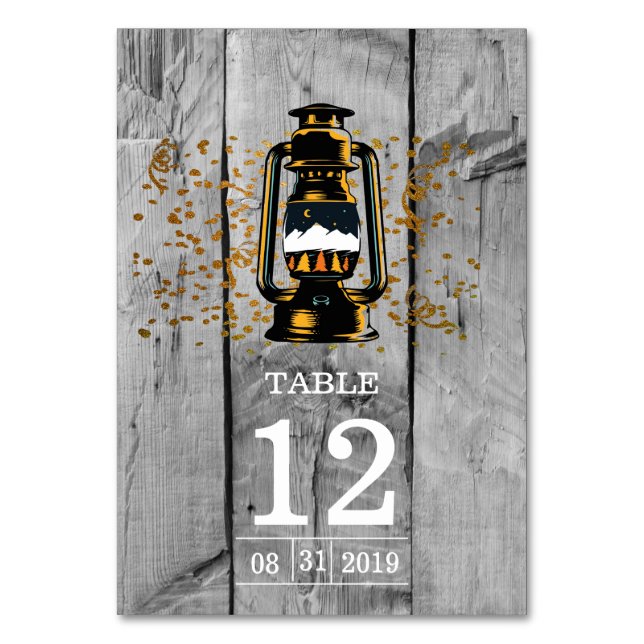 Rustic Barn Wood & Lantern Wedding Table Number (Front)