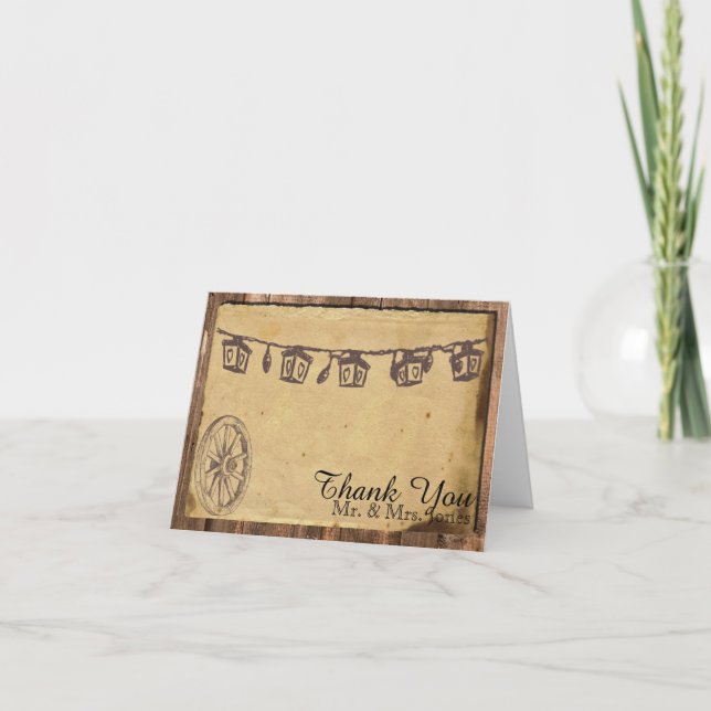 Rustic Barn Wood Lantern Wedding Thank You (Front)