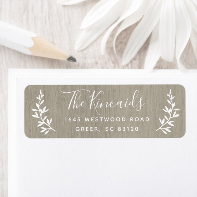 Rustic barn wood laurel wreath return address (Insitu)