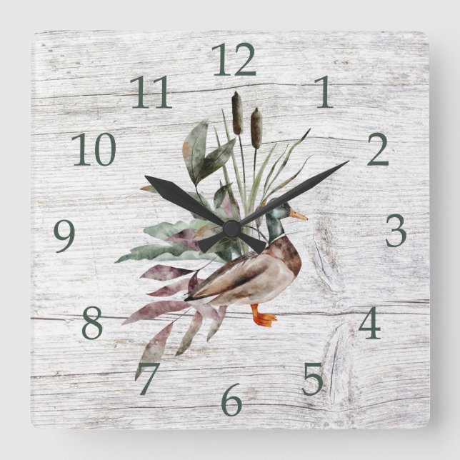 Rustic Barn Wood Mallard Duck Reeds Greenery Square Wall Clock (Front)