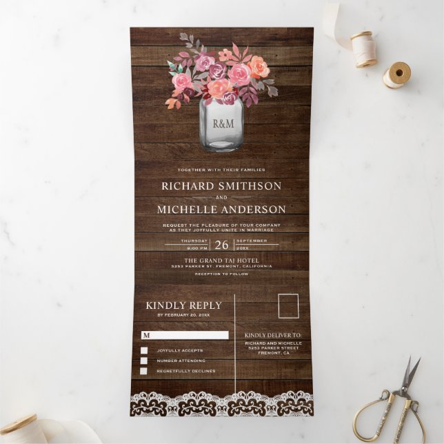 Rustic Barn Wood Marsala Floral Mason Jar Wedding Tri-Fold Invitation (Inside)