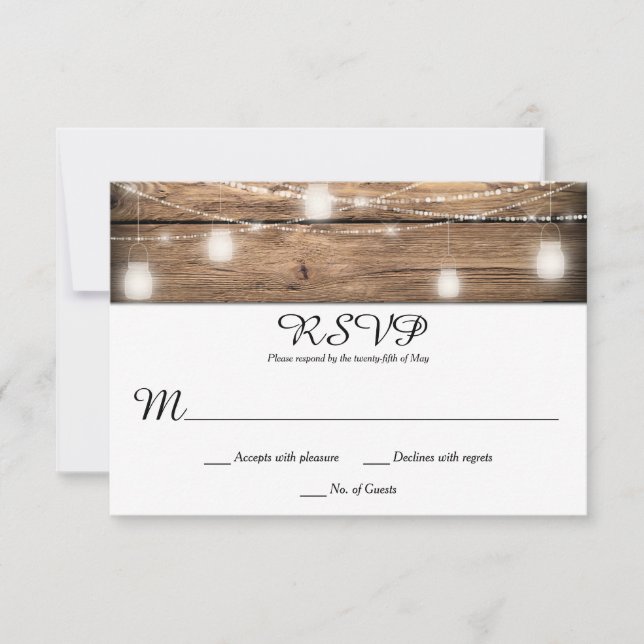 Rustic Barn Wood Mason Jar Lights RSVPs RSVP Card (Front)