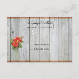 Rustic Barn Wood Mason Jar Red Dahlias RSVPs RSVP Card