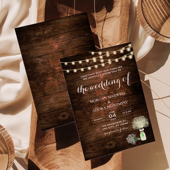 Rustic Barn Wood Mason Jar String Lights Wedding Invitation (Creator Uploaded)