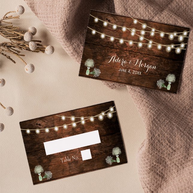 Rustic Barn Wood Mason Jar String Lights Wedding P Place Card (Creator Uploaded)