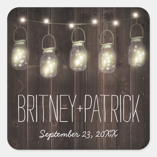 Rustic Barn Wood Mason Jar Wedding Favours Square Sticker (Front)