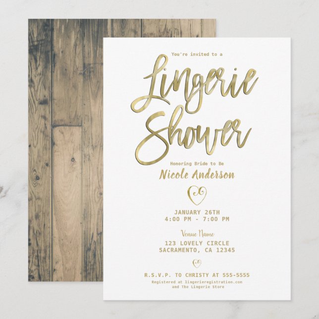 Rustic Barn Wood Modern Gold Lingerie Shower  Invitation (Front/Back)