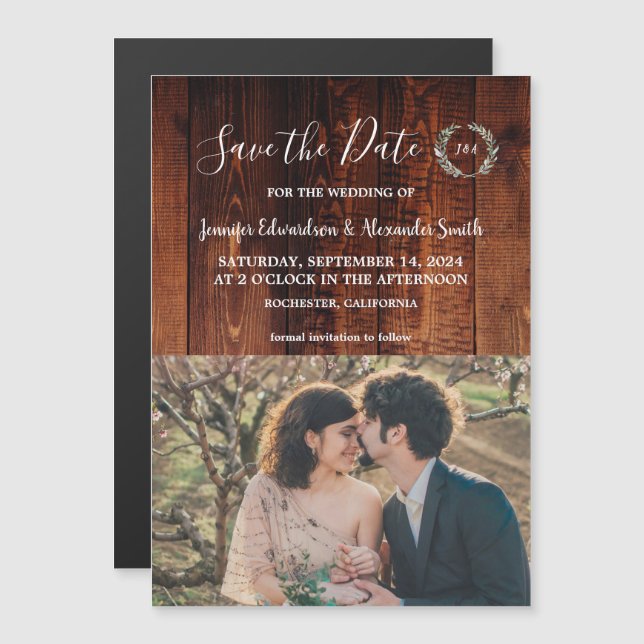 Rustic barn wood monogram photo Save the Date Magnetic Invitation (Front/Back)