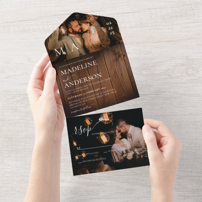 Rustic Barn Wood Monogramed 2 Photo rsvp Wedding All In One Invitation (Tearaway)