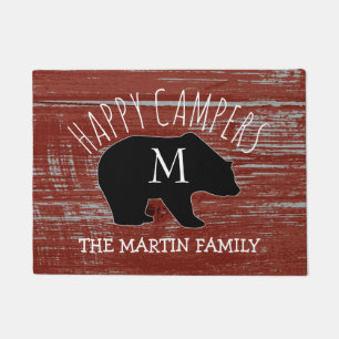 Rustic Barn Wood Monogrammed Bear   Happy Campers Doormat
