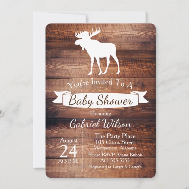 Rustic Barn Wood & Moose Antler Baby Shower Invitation (Front)