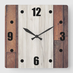 Rustic Barn Wood Natural Wood Block Bold Numbers Square Wall Clock