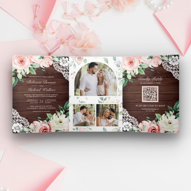 Rustic Barn Wood Peach Floral Lace QR Code Wedding Tri-Fold Invitation (Creator Uploaded)